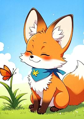 Cute Cartoon Fox with Butterfly