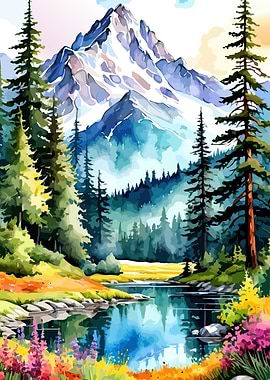 Watercolor Mountain Landscape with Lake