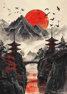 Japanese Landscape with Pagodas and Red Sun