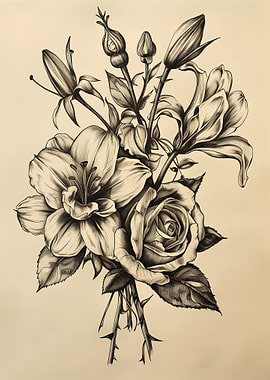 Floral Sketch: Rose and Lily Bouquet
