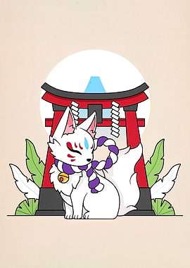 Kitsune with Torii Gate Illustration