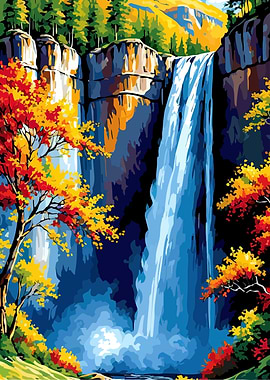 Autumn Waterfall Landscape Painting