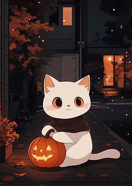 Cute Cat with Pumpkin on Halloween Night