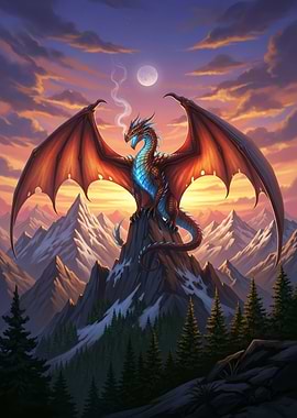 Dragon on Mountain Peak at Sunset