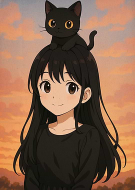 Anime Girl with Black Cat