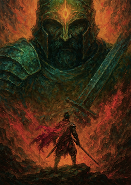 Warrior Facing Giant in Fiery Landscape