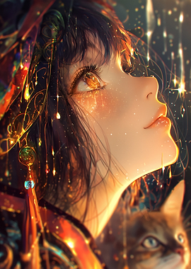 Dreamy Girl with Cat Digital Art