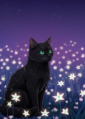 Black Cat in a Starry Meadow