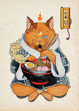 Cat Samurai Eating Ramen