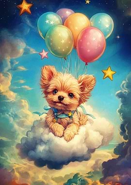 Cute Dog on Cloud with Balloons