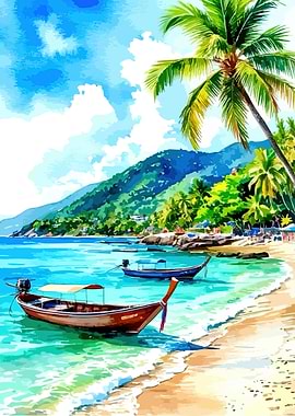 Tropical Beach with Boats and Palm Trees
