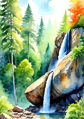 Watercolor Waterfall Landscape