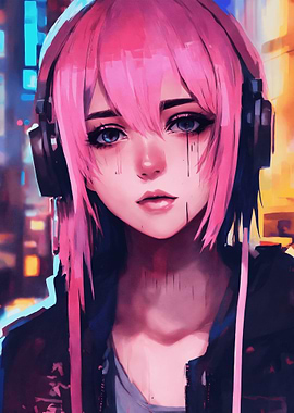 Pink-haired anime girl with headphones