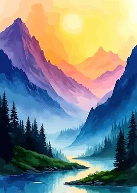 Watercolor Mountain Landscape with River