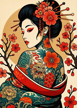 Geisha with Tattoo and Floral Kimono