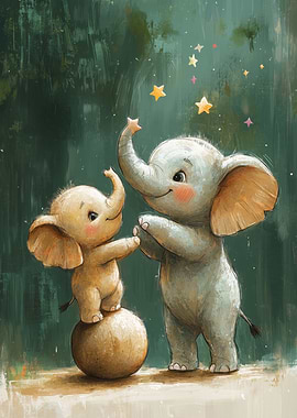 Cute Elephant Friends Reaching for Stars