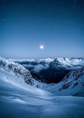 Snowy Mountains Under Starry Night Sky