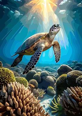 Sea Turtle Underwater with Coral Reef