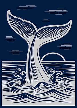 Whale Tail with Waves on Navy Blue