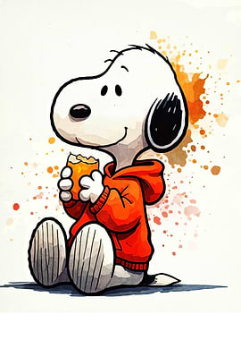Snoopy eating in orange hoodie