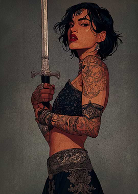 Tattooed Woman with Sword Illustration