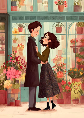 Romantic Couple in Front of Flower Shop