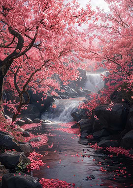 Cherry Blossom Waterfall Landscape