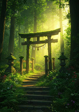 Torii Gate in Lush Forest