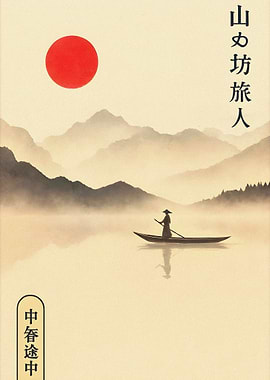 Japanese Landscape with Boat and Mountains