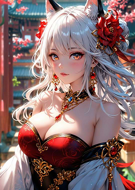 Anime Fox Girl with Red Accents