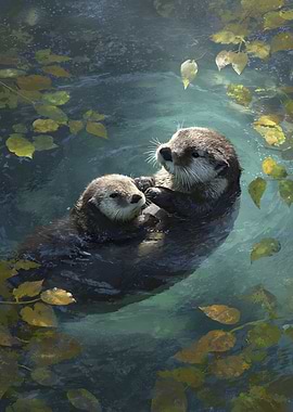 Otters swimming in water with leaves