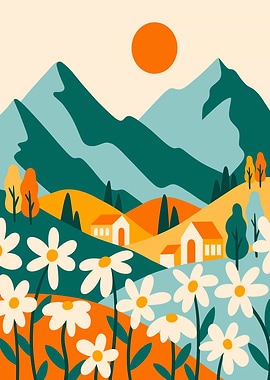 Daisy Field Mountain Landscape Illustration