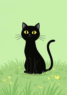 Cartoon Black Cat in Green Grass