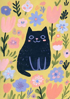Black Cat in Floral Garden Painting