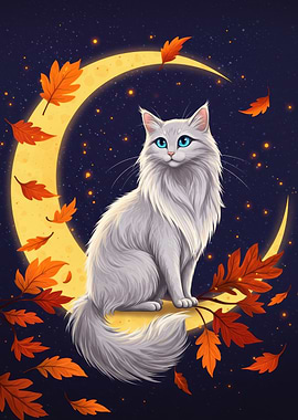 Cat on the Moon with Autumn Leaves