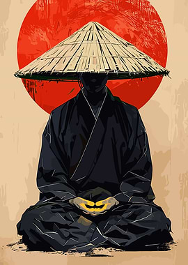 Meditating Monk with Straw Hat