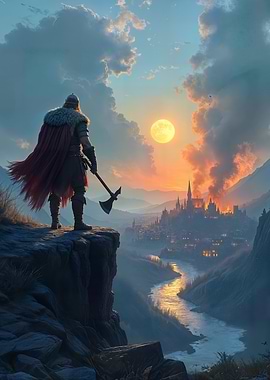 Viking Warrior Overlooking Burning City