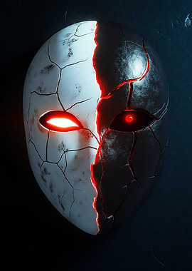 A cracked mask glowing with a mysterious red light