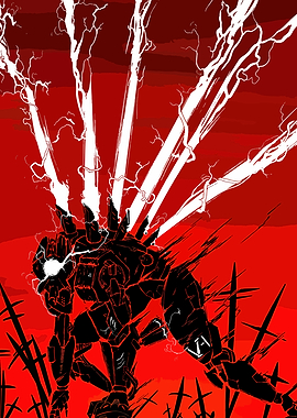 Mech with Lightning on Red Background