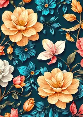 Floral Pattern colorful yellow and teal flowers pattern and green leaves