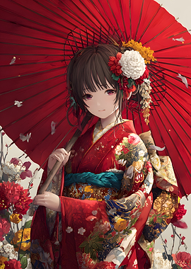 Anime Girl with Red Umbrella and Kimono