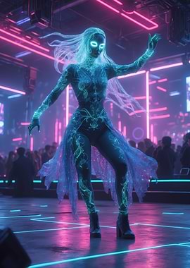 Neon Cyber Dancer — Futuristic Holographic Performer in a Neon Club