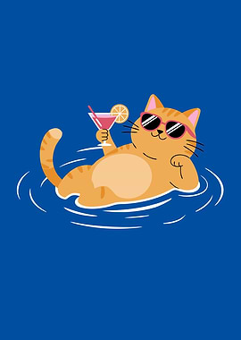 Cat Enjoying Summer with Cocktail in Pool