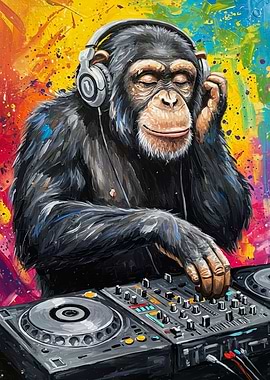 Chimpanzee DJ with Headphones