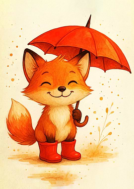 Cute Fox with Umbrella and Boots