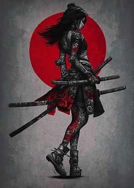 Tattooed Samurai Girl with Katanas