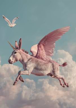 Winged Unicorn Donkey Flying in Sky