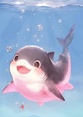 Cute Cartoon Shark in Blue Water