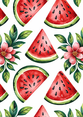 watermelon slices pattern with colorful flowers and green leaves