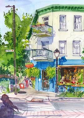 Montreal City Street Watercolor Painting - Rue de Bullion and Else's